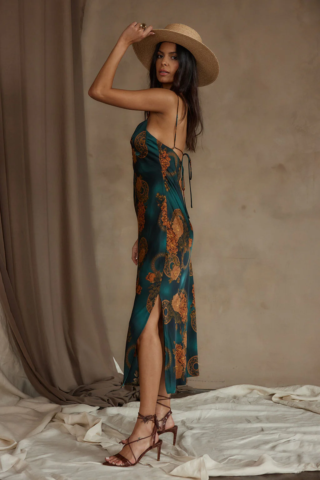 Alexandria Teal Printed Satin Midi Dress - Image 3