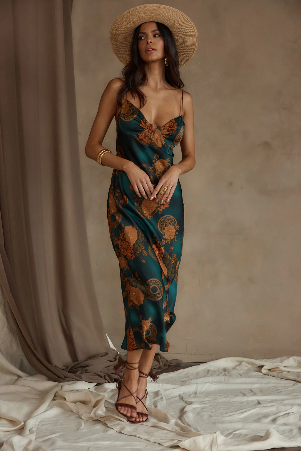 Alexandria Teal Printed Satin Midi Dress - Image 5