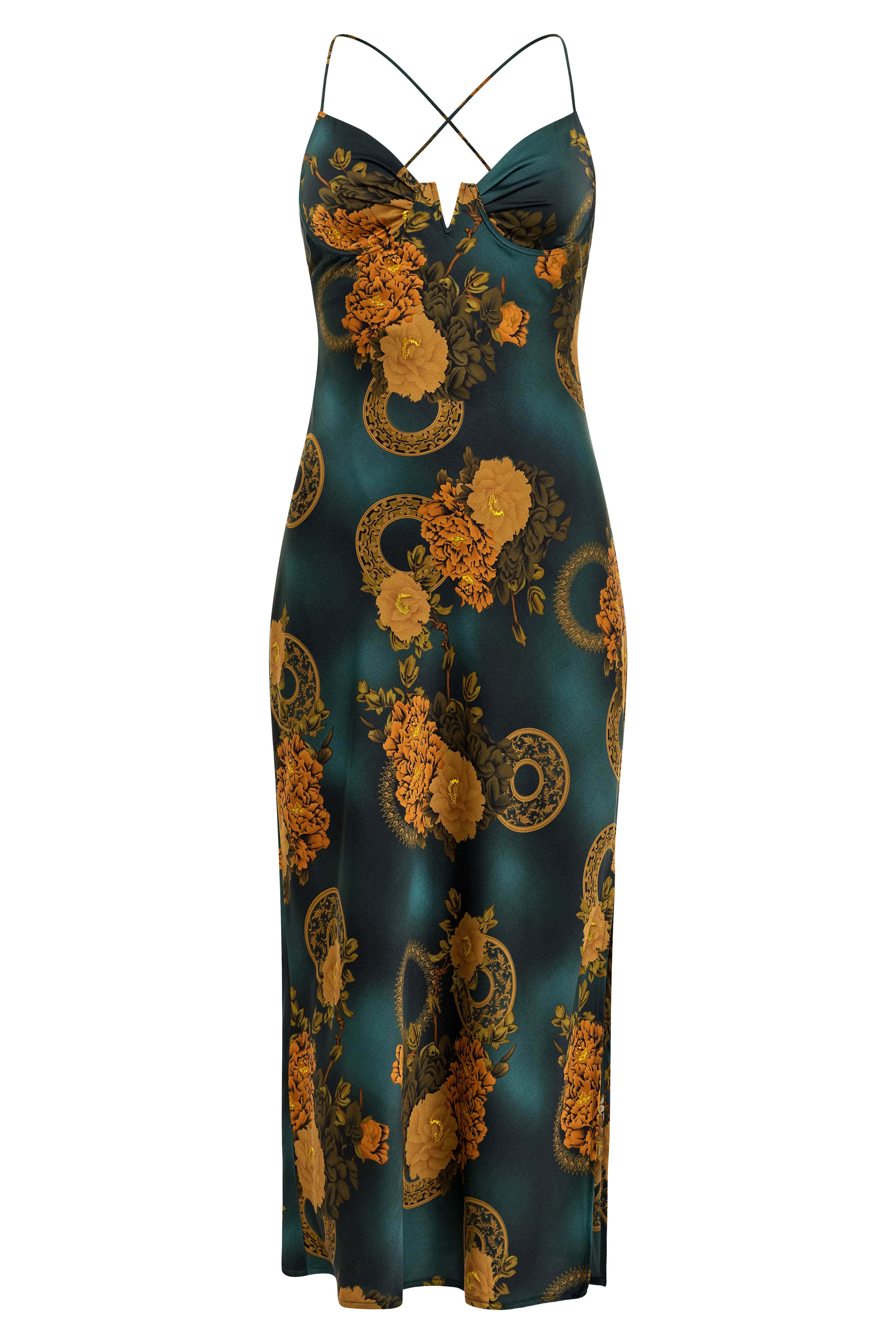 Alexandria Teal Printed Satin Midi Dress - Image 9