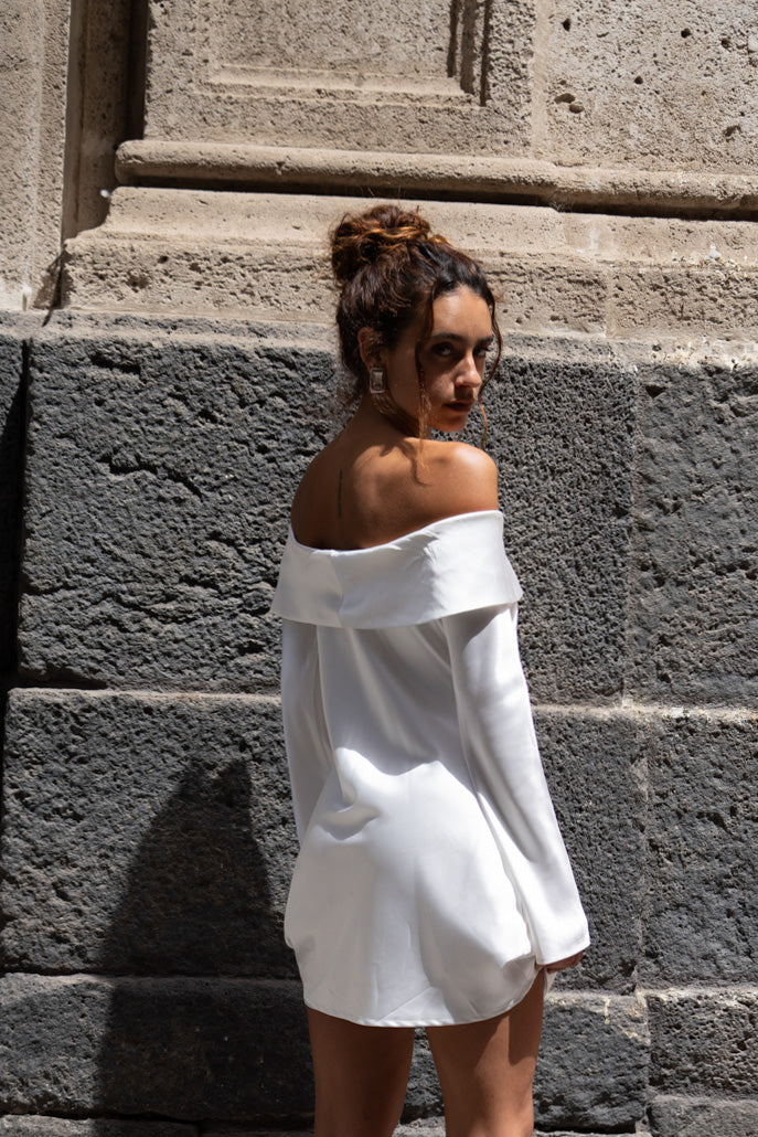 Celia White Off Shoulder Satin Mini Dress - Image 2