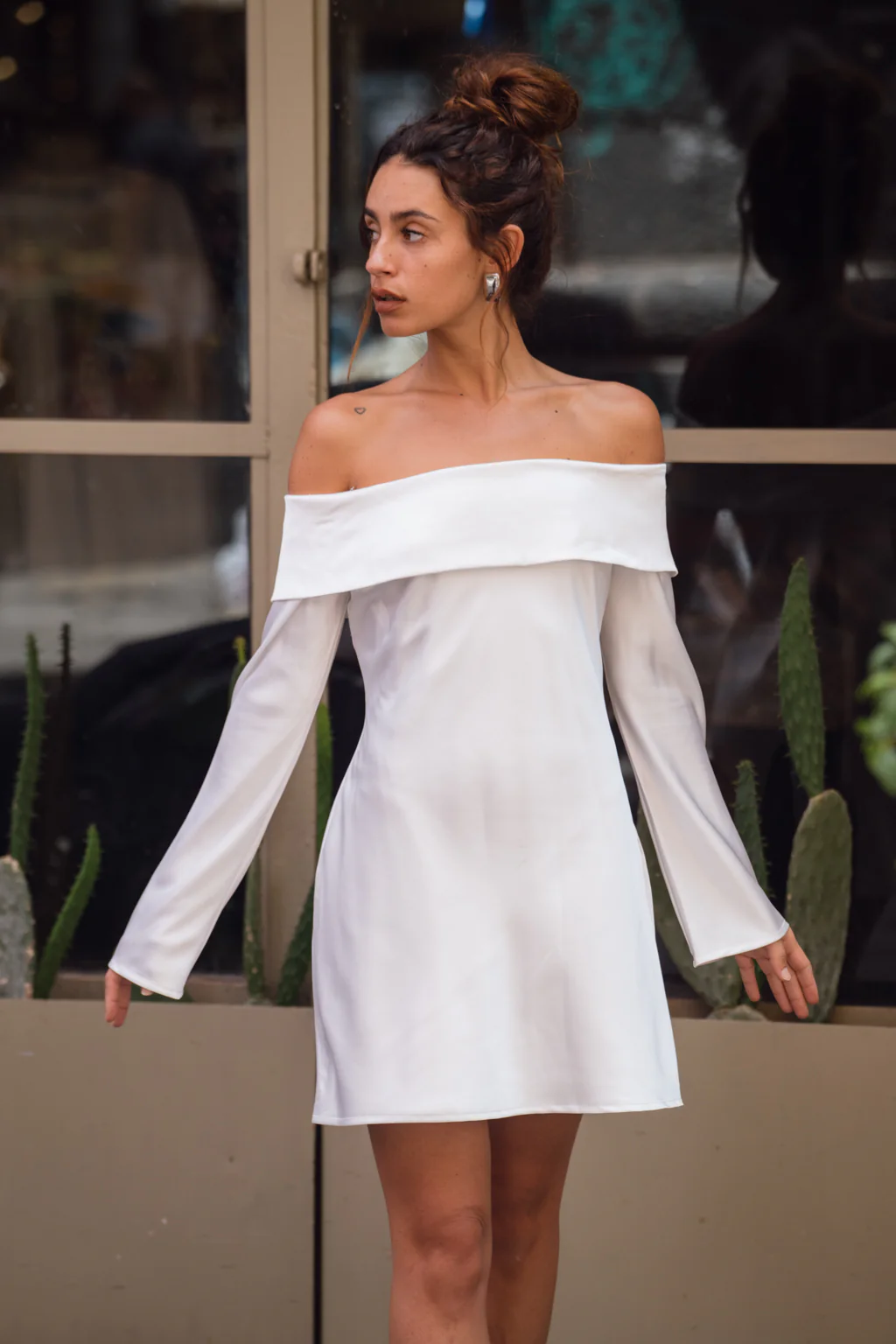 Celia White Off Shoulder Satin Mini Dress - Image 3