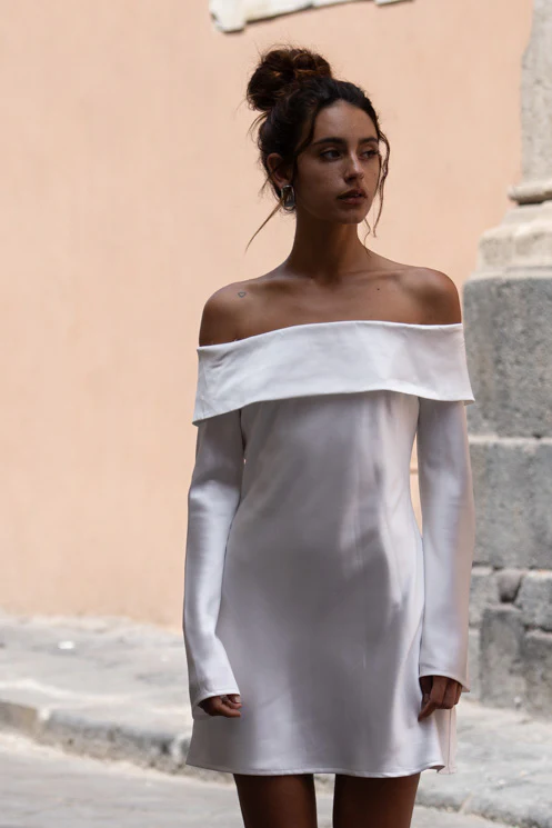 Celia White Off Shoulder Satin Mini Dress - Image 5