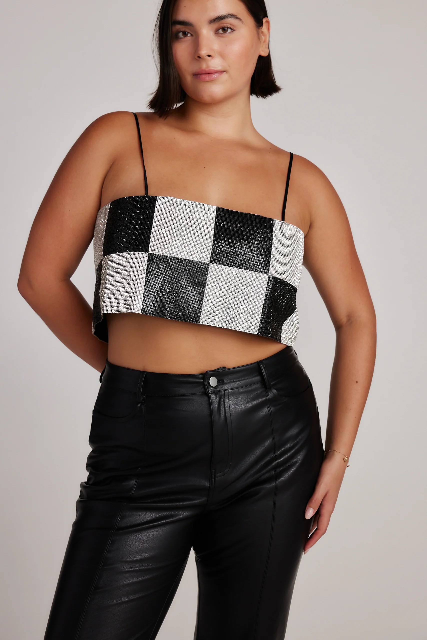 Shira Checkered Rhinestone Crop Top - Image 2