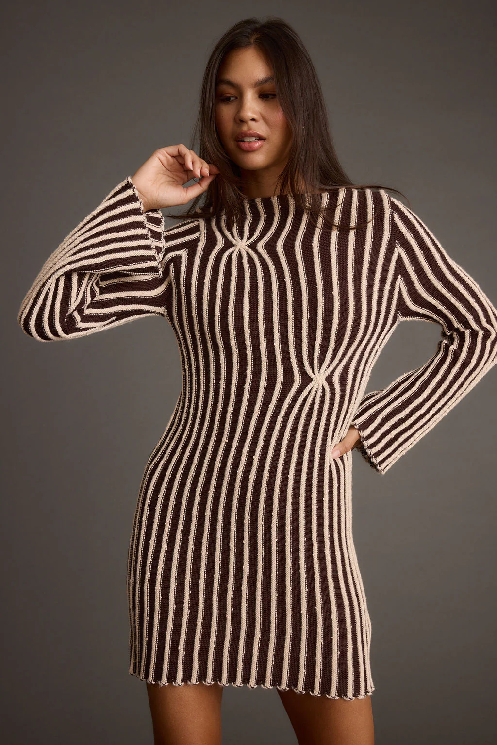 Ember Brown and Cream Knit Striped Mini Dress - Image 2