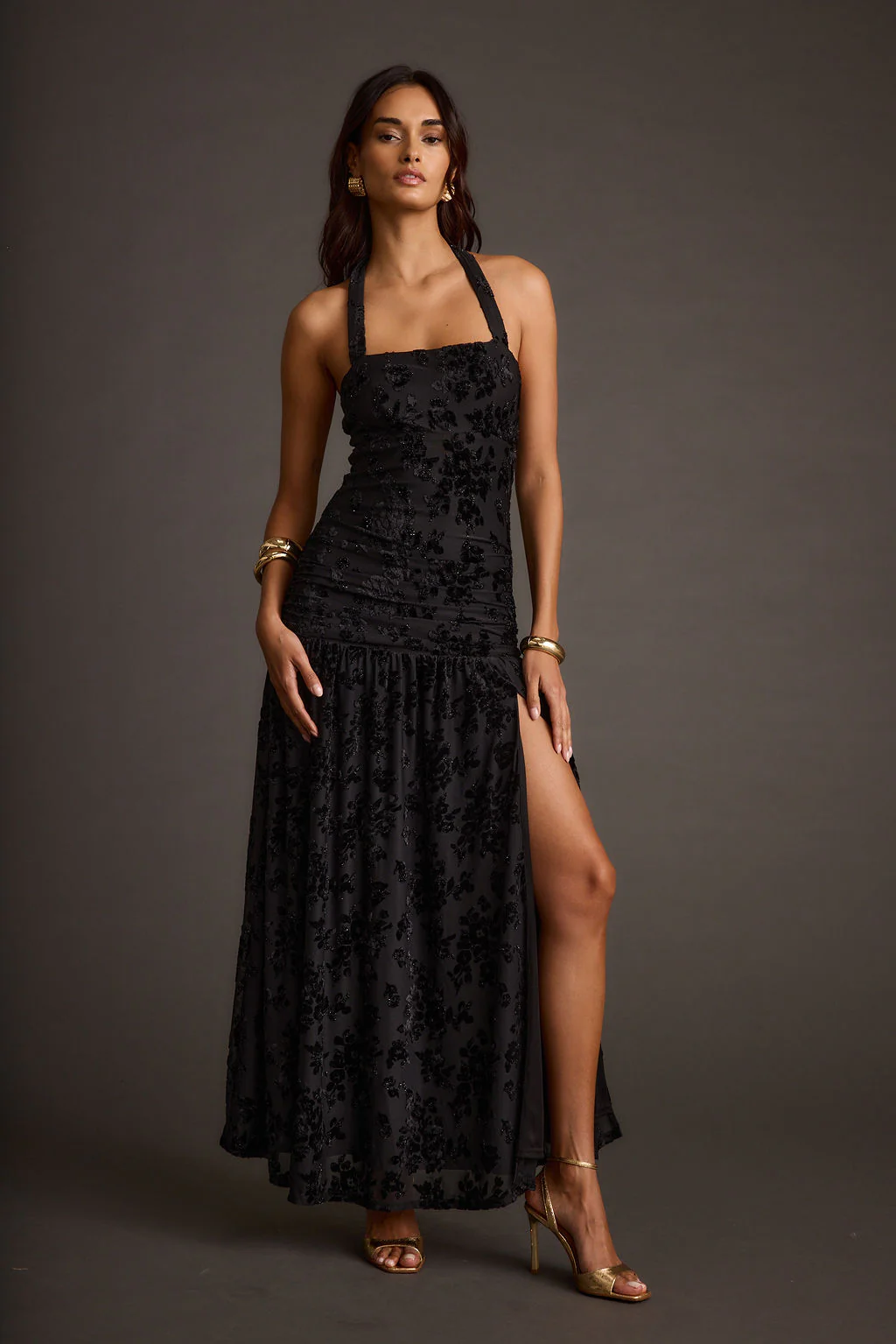 Hollow Black Burnout Halter Maxi Dress - Image 2