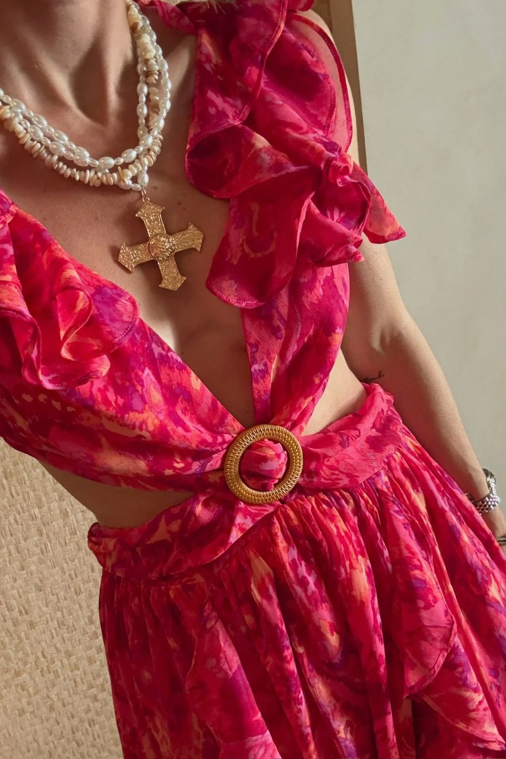 Jolie Pink Printed Ruffle Maxi Dress - Image 3