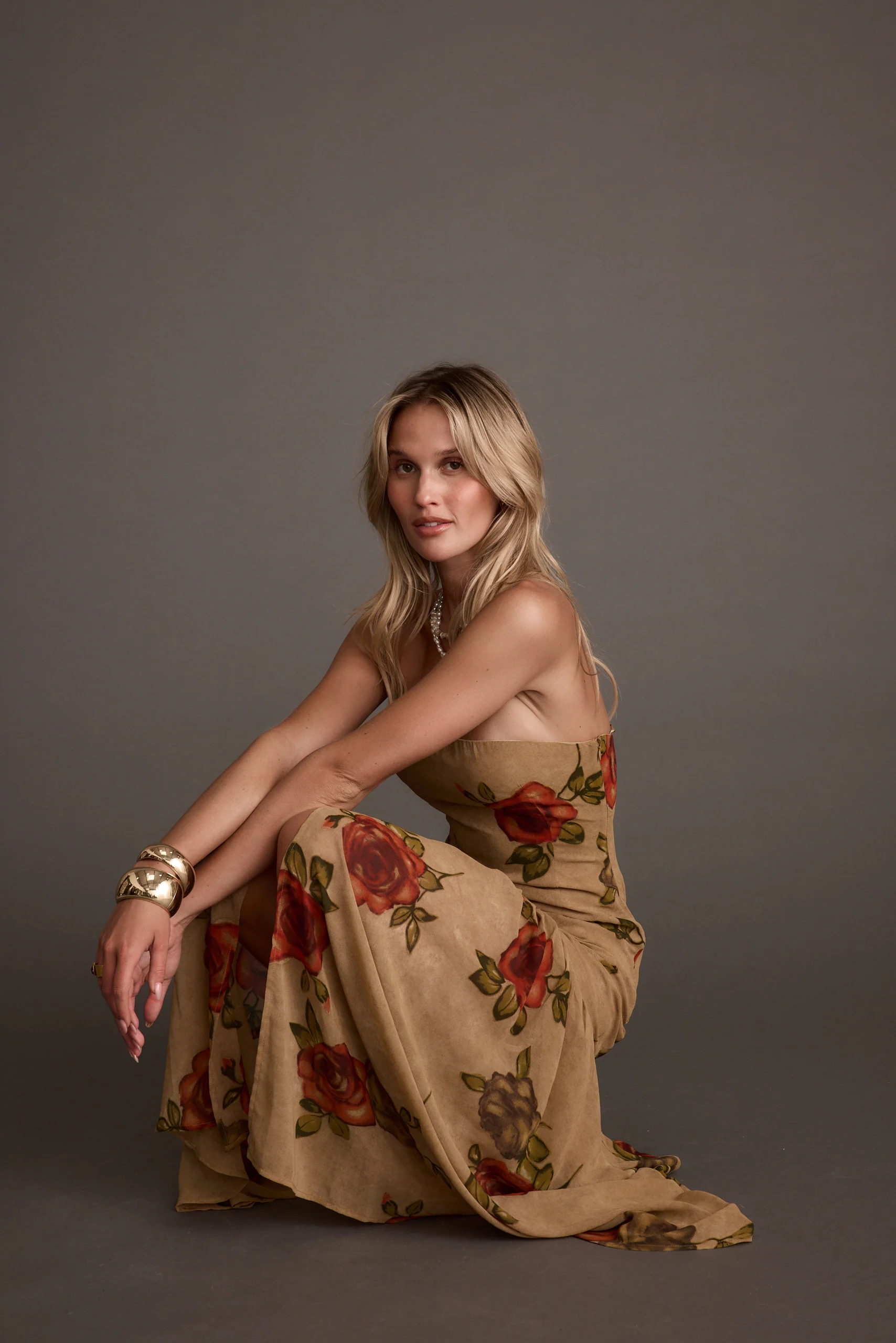 LaBelle Tan Floral Drop Waist Maxi Dress - Image 3