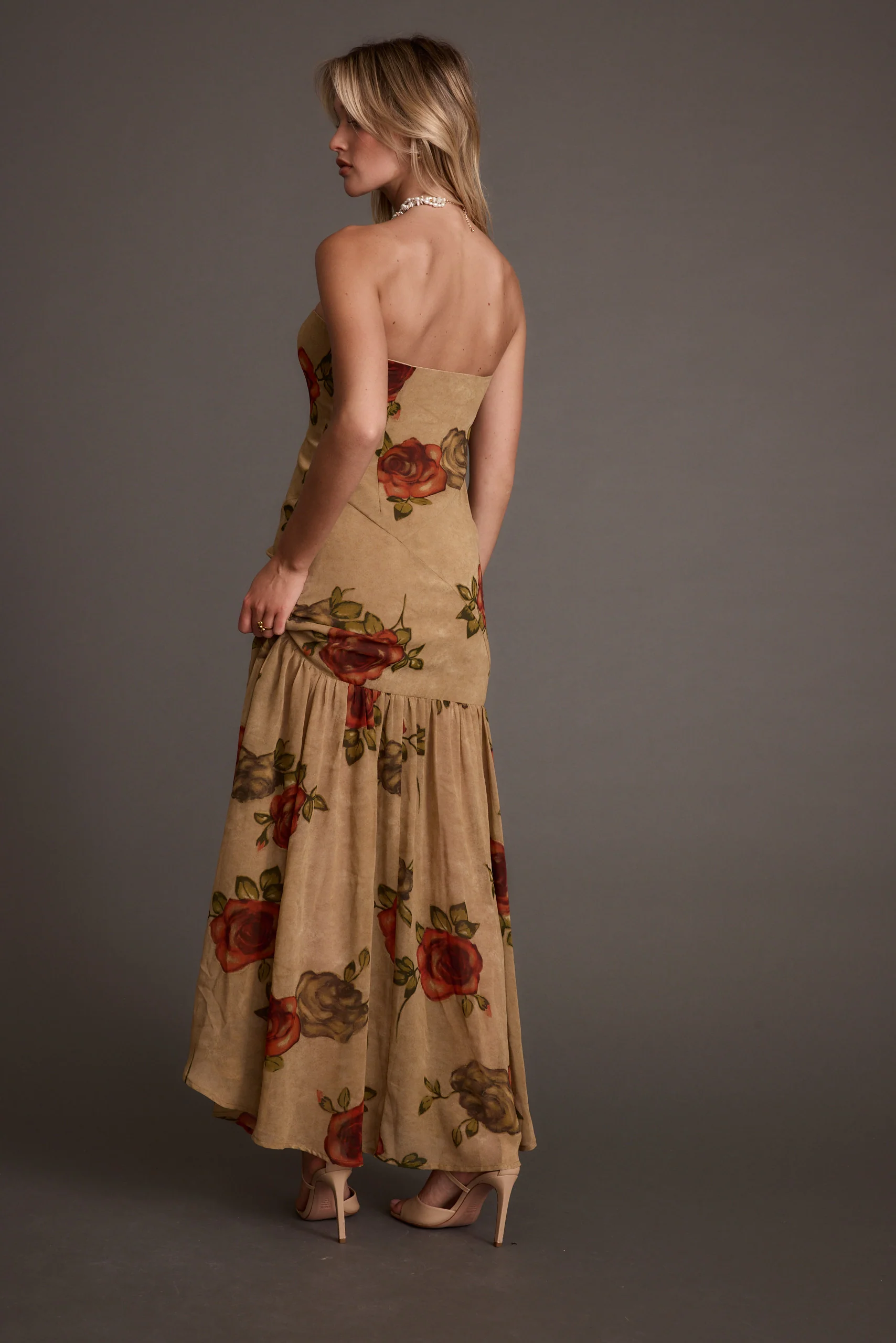 LaBelle Tan Floral Drop Waist Maxi Dress - Image 5