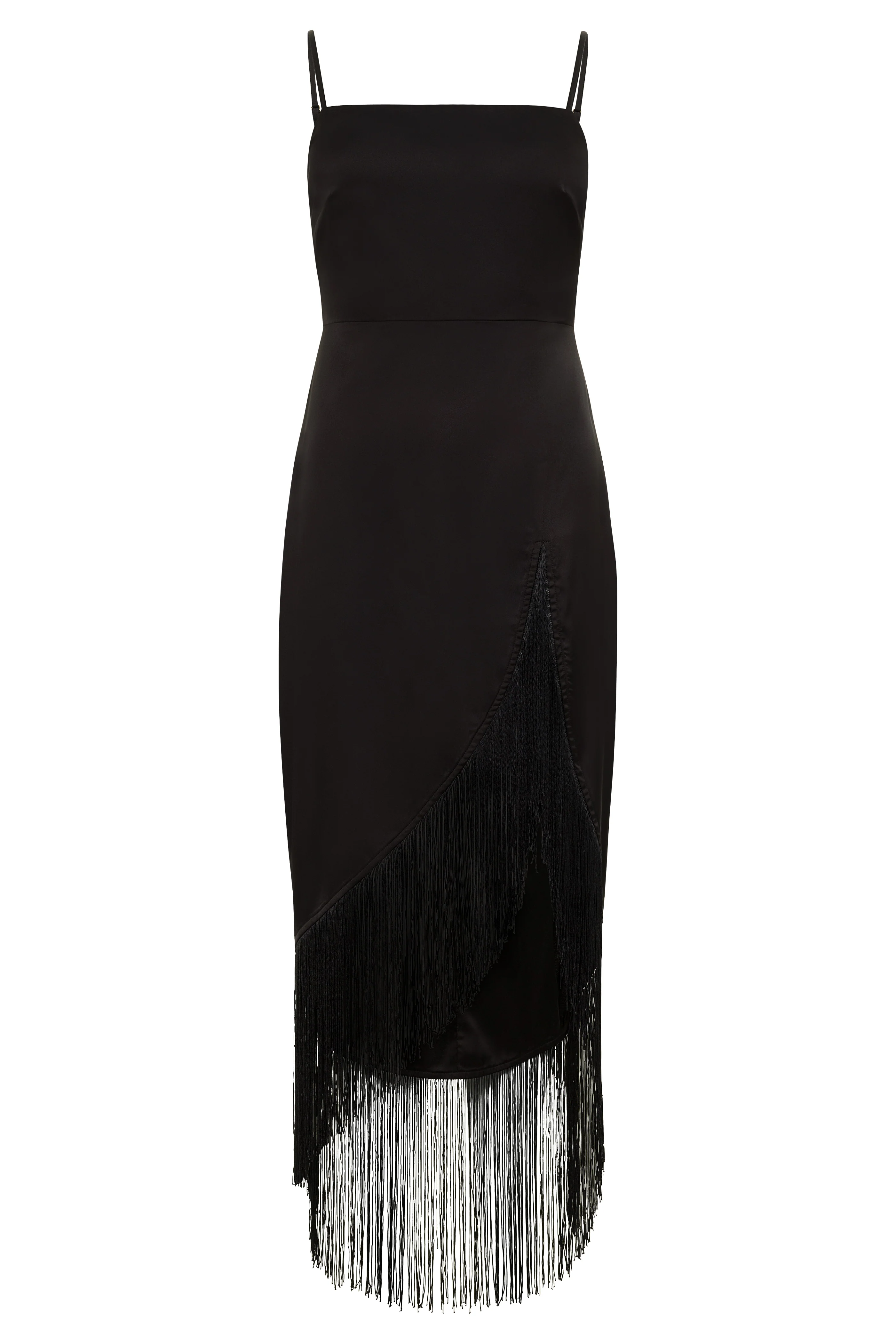 Monet Black Fringe Satin Maxi Dress - Image 10