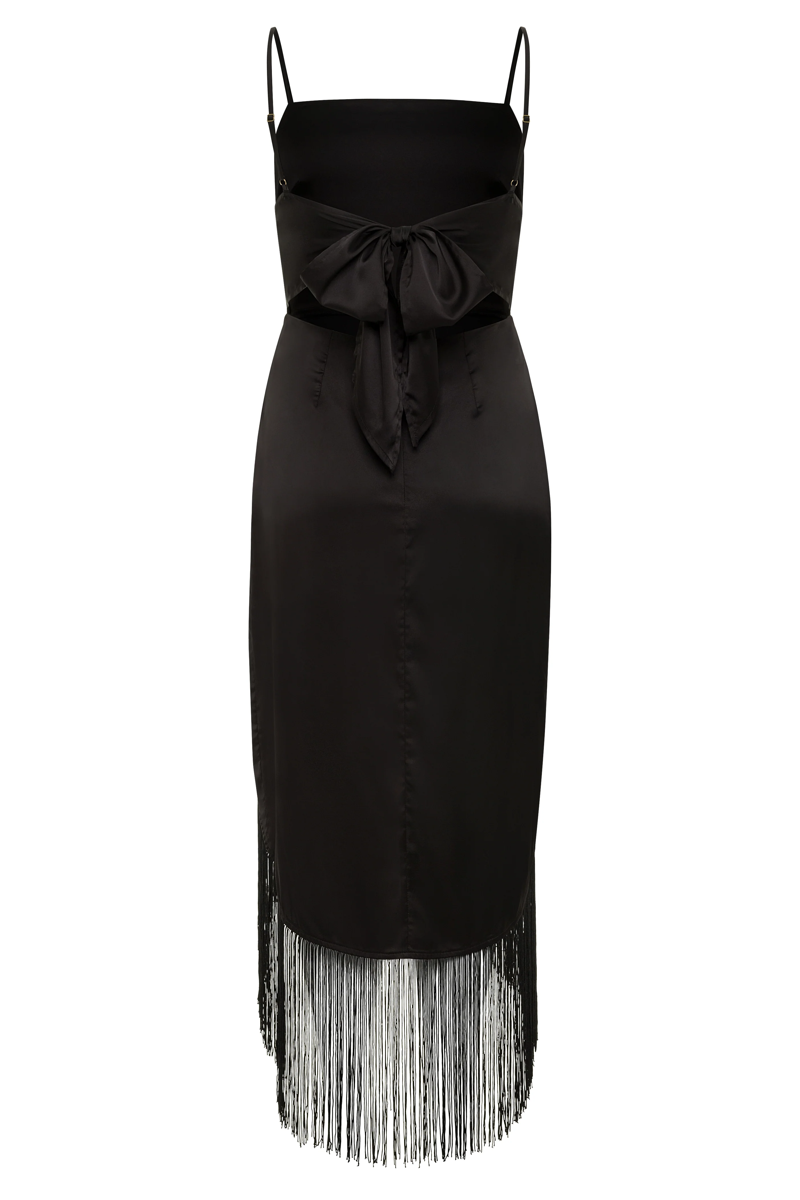 Monet Black Fringe Satin Maxi Dress - Image 11