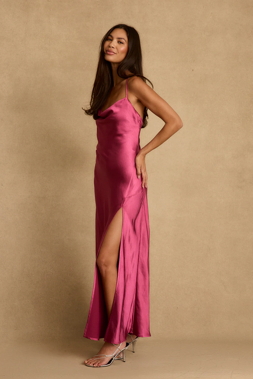 Natalia Fuchsia Satin Maxi Dress - Image 3