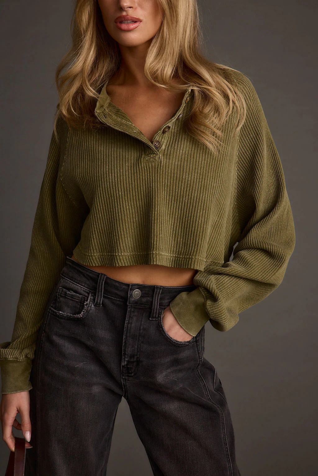 Not Your Boyfriend Olive Waffle Knit Henley