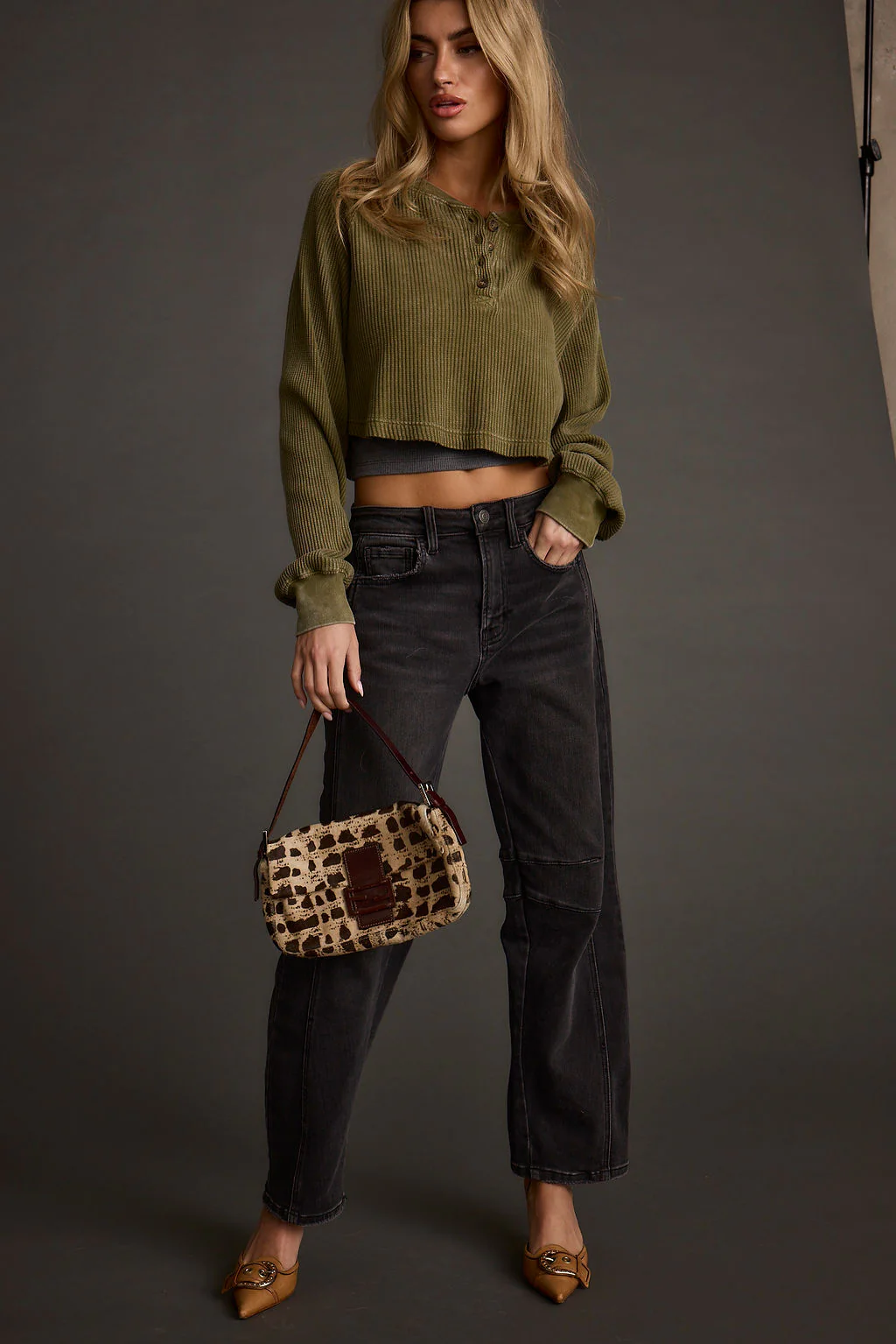 Not Your Boyfriend Olive Waffle Knit Henley - Image 7