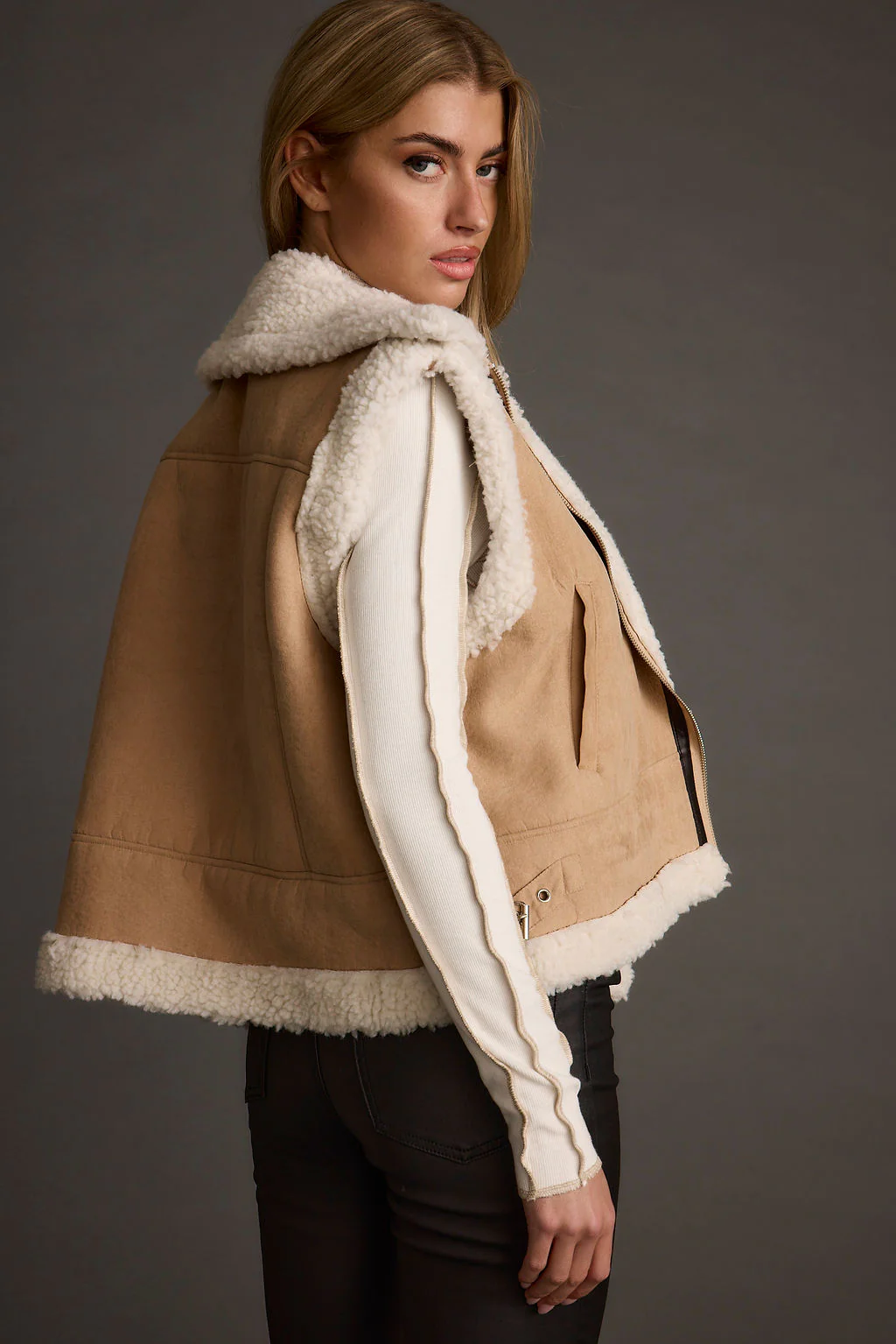 Penny Lane Sherpa Lined Beige Vest - Image 2