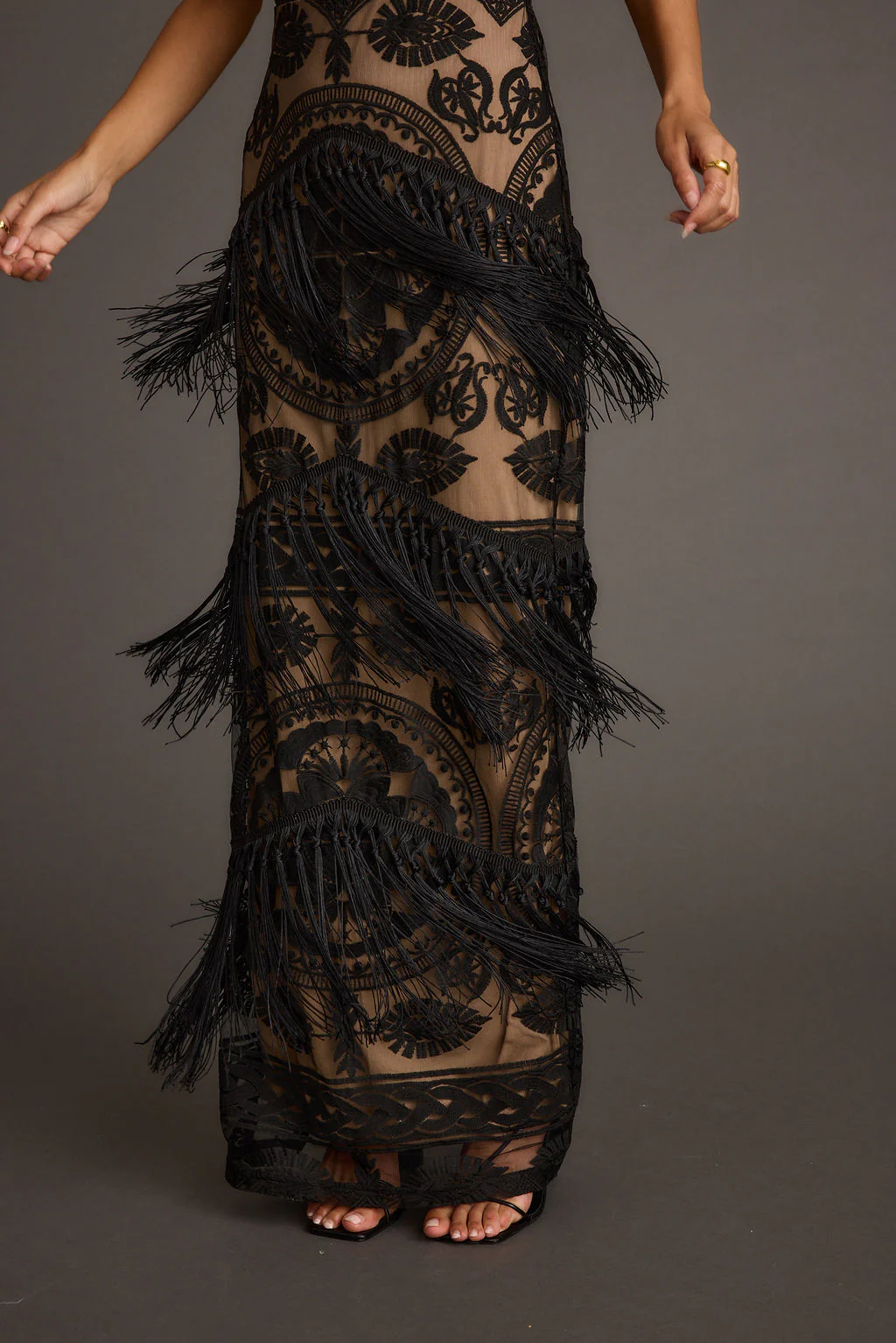 Shadows Black Lace Fringe Maxi Dress - Image 5