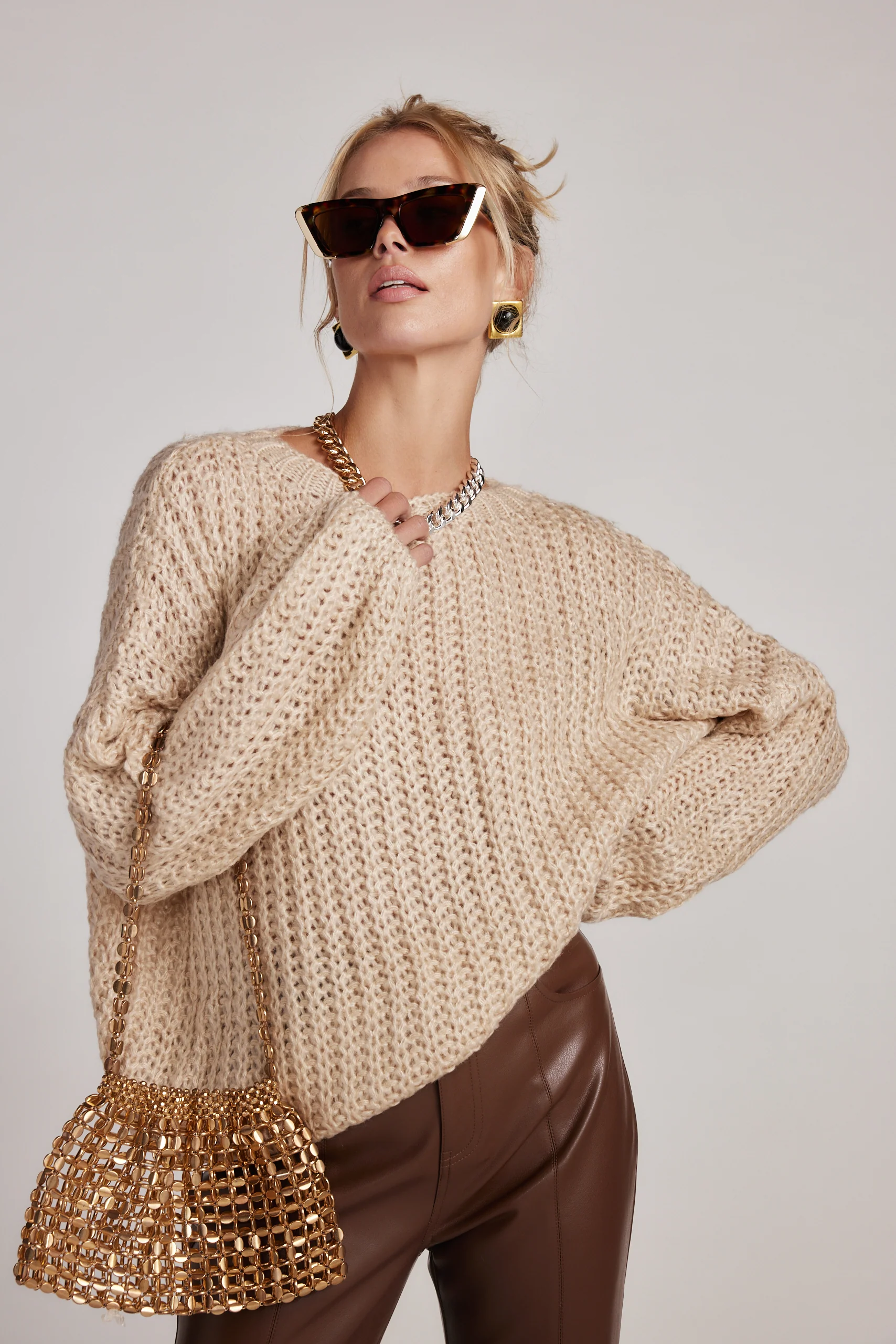 Slick Taupe Knit Sweater - Image 4