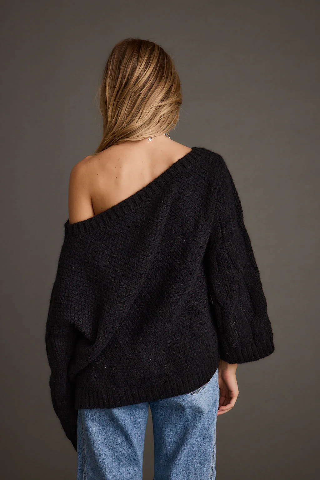 Tavern Black Off the Shoulder Cable Knit Sweater - Image 2