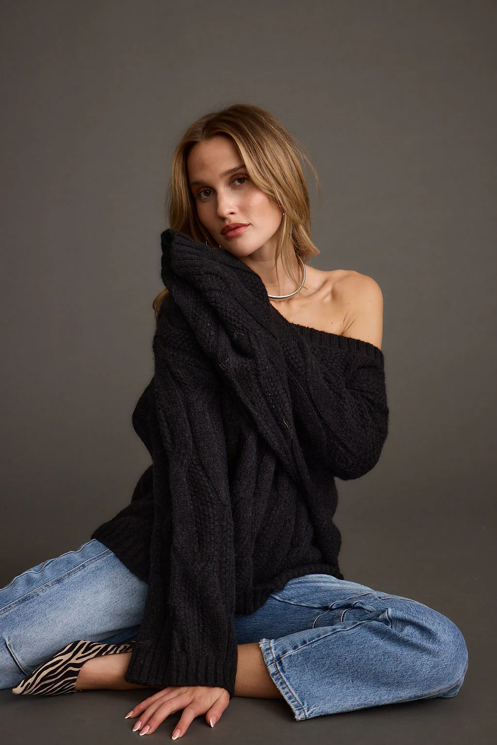 Tavern Black Off the Shoulder Cable Knit Sweater - Image 3