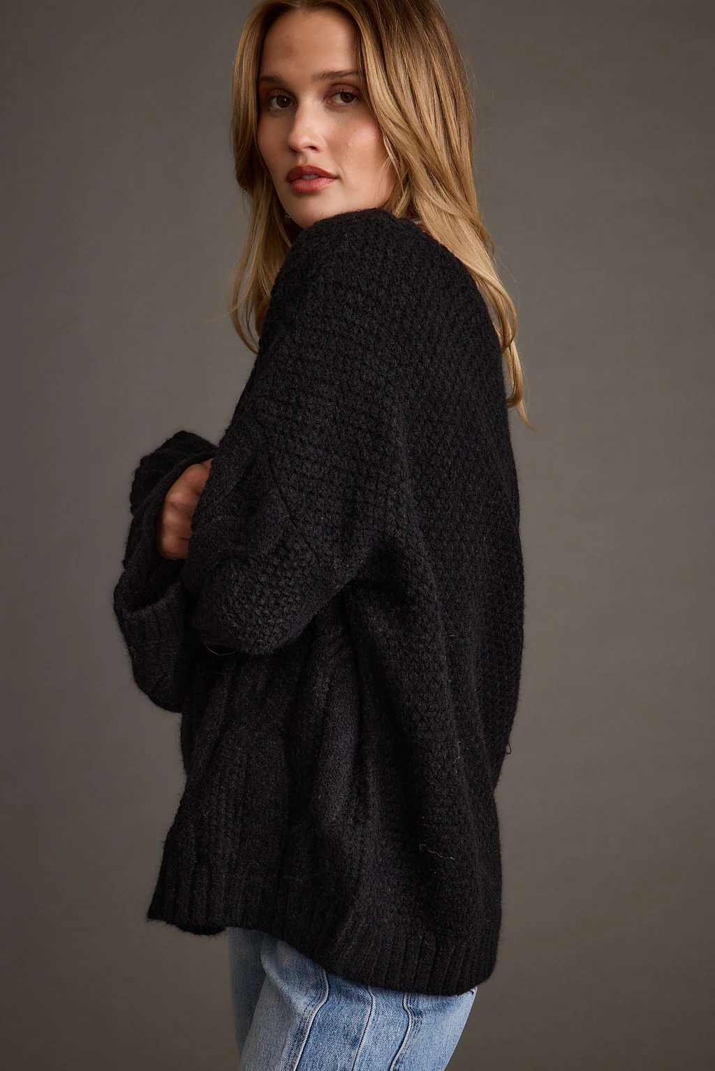 Tavern Black Off the Shoulder Cable Knit Sweater - Image 7