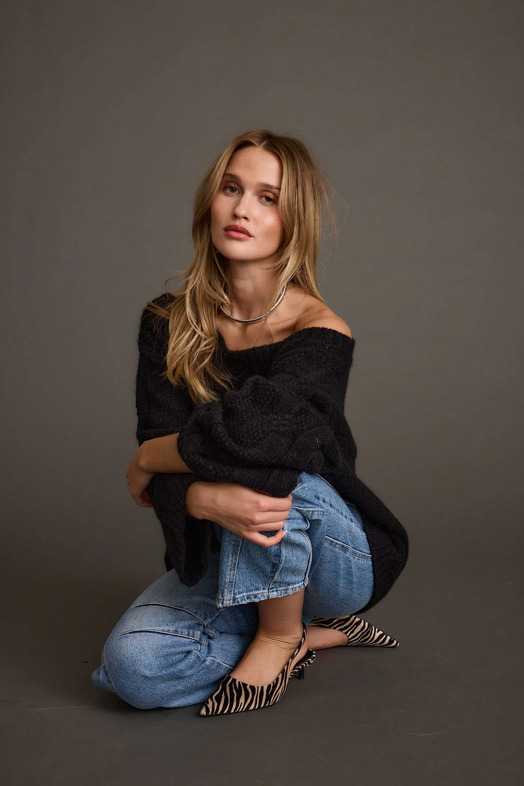 Tavern Black Off the Shoulder Cable Knit Sweater - Image 8