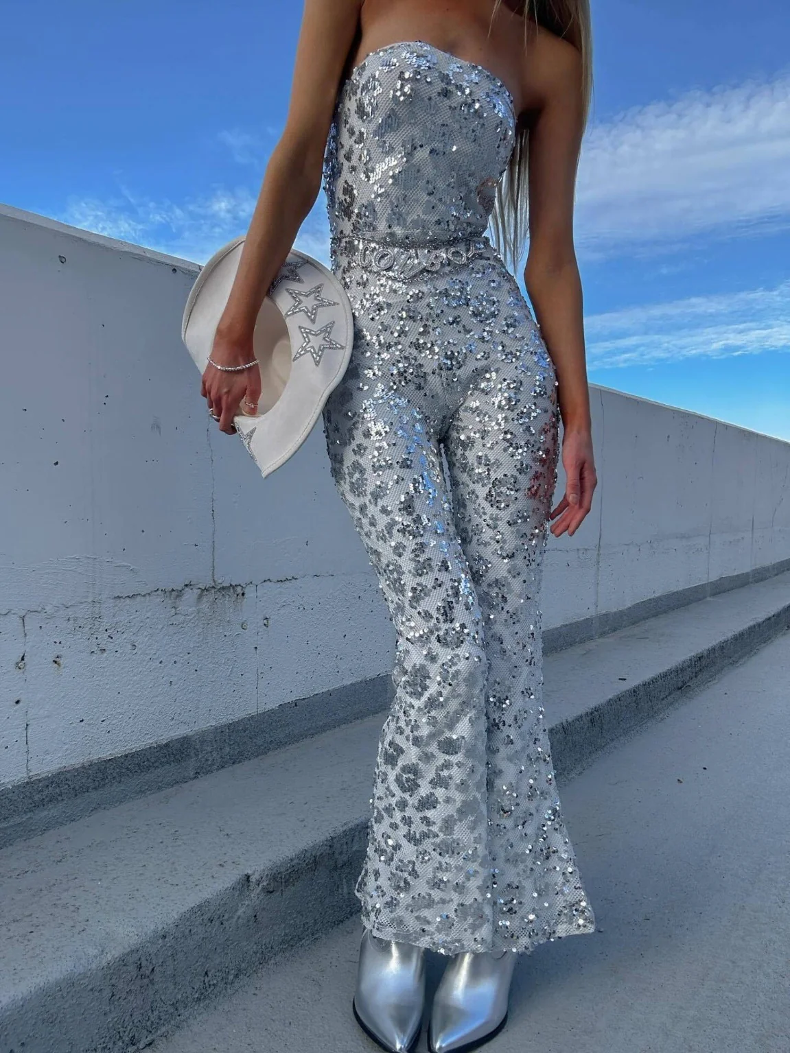 Tess White Sequin Strapless Jumpsuit - Image 2
