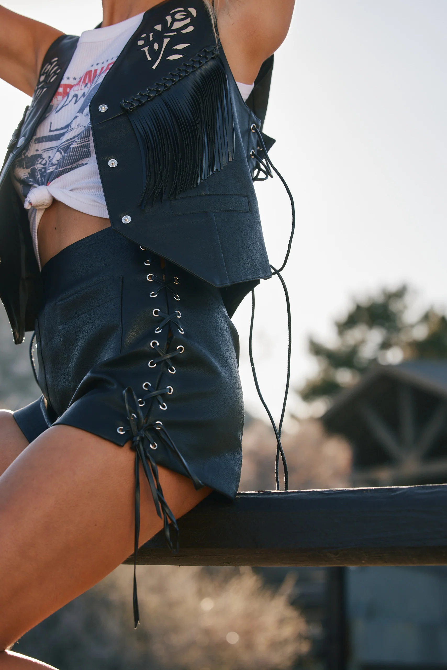 Tie Breaker Black Faux Leather Shorts - Image 2