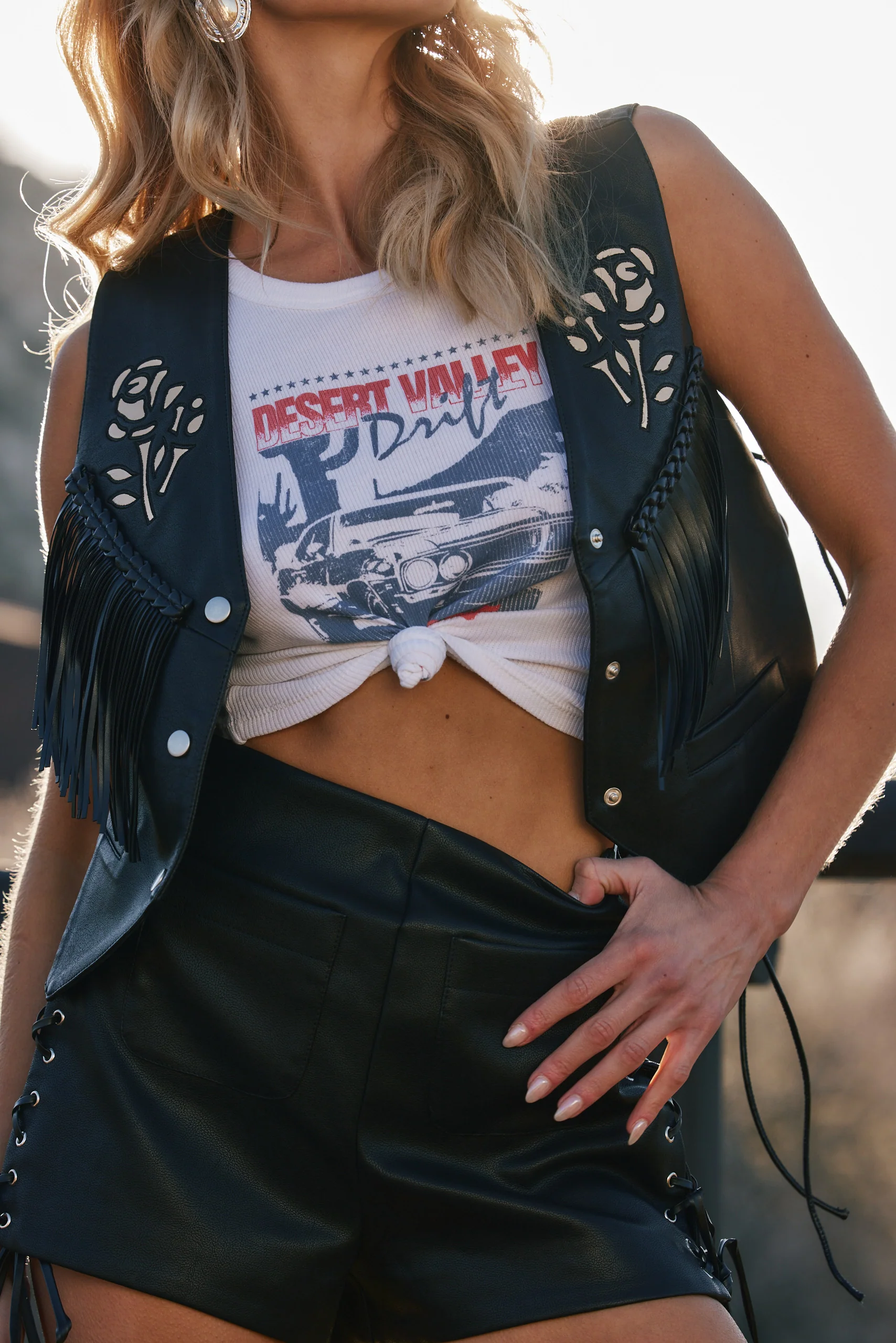 Tie Breaker Black Faux Leather Shorts - Image 3